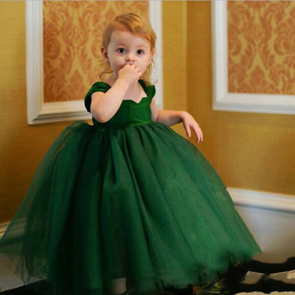 Princess Pretty 3 Colors Green purple White Flower Girls Dresses Wedding Princess Girl Pageant Gowns Full Length Tulle Kids Dresses MC0