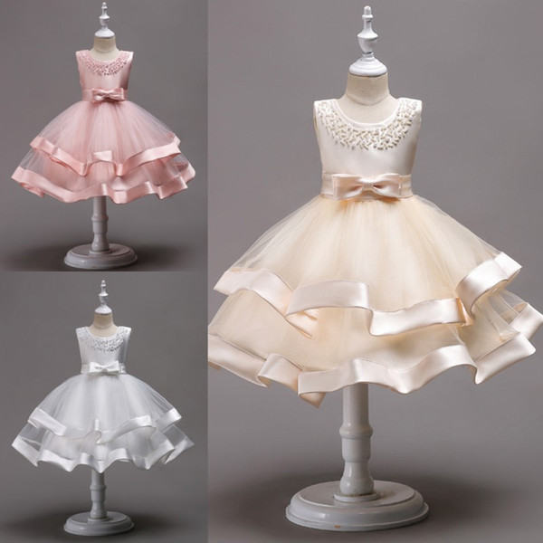 Lovely Knee Length Beaded Tiered Flower Girl Dresses 2022Tulle Kids Pageant Dresses With Bow Knot First Communion Dresses MC1490