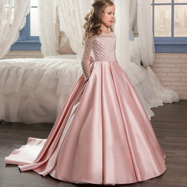 Pink Long Sleeves Flower Girl Dresses 2022Vintage Satin Floor Length Formal Wedding Party Gowns For Kids Toddler Pageant Wears MC1539