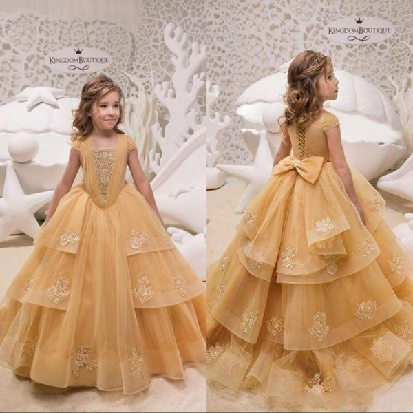 Gold Flower Girls Dresses Short Sleeves Champagne Lace Appliques Girl Pageant Gowns Toddlers Teens Kids Birthday Party Communion Dress