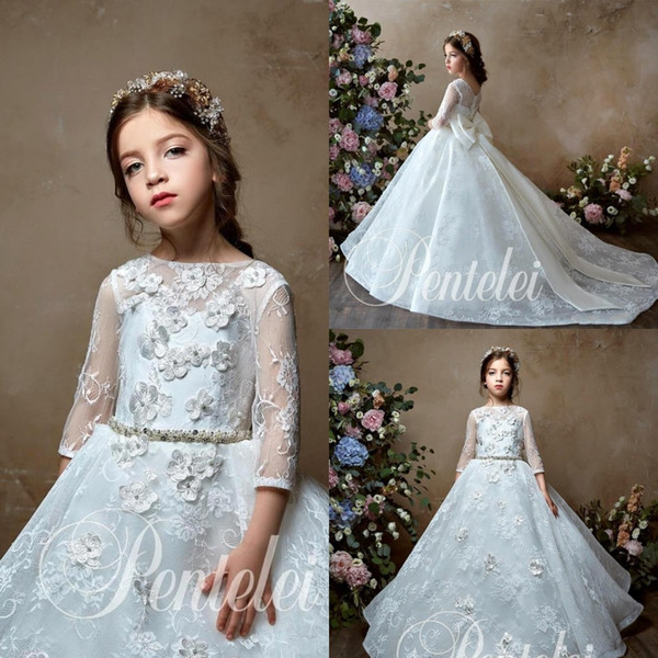 Gorgeous 3/4 Sleeve Flower Girl Dresses with Bow Sash 3D Flowers Lace Appliques Girls Pageant Dresses BC1853