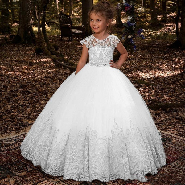 Lovey Lace Princess Flower Girl Dresses Ball Gown First Communion Dresses For Girls Sleeveless Tulle Toddler Pageant Dresses BC1831