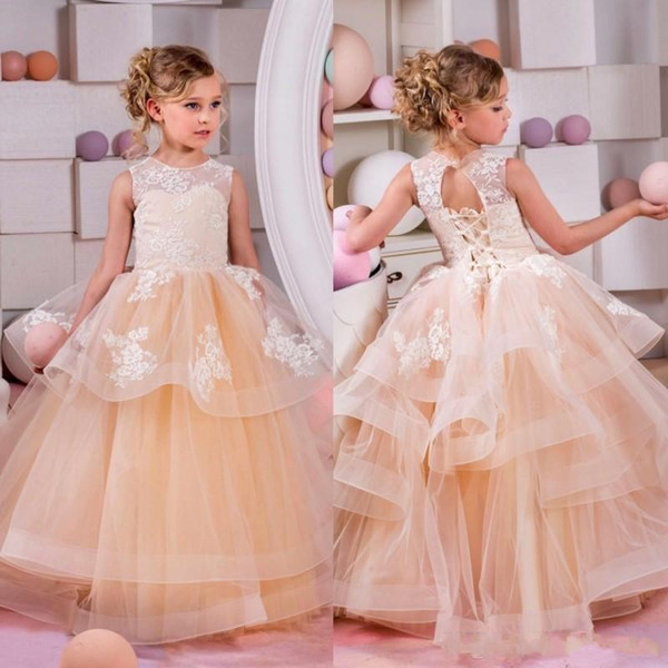 Princess Lace Appliques and Champagne Tiered Tulle Skirt Flower Girl Dresses Sleveless Long Pretty Kids Pageant Gowns