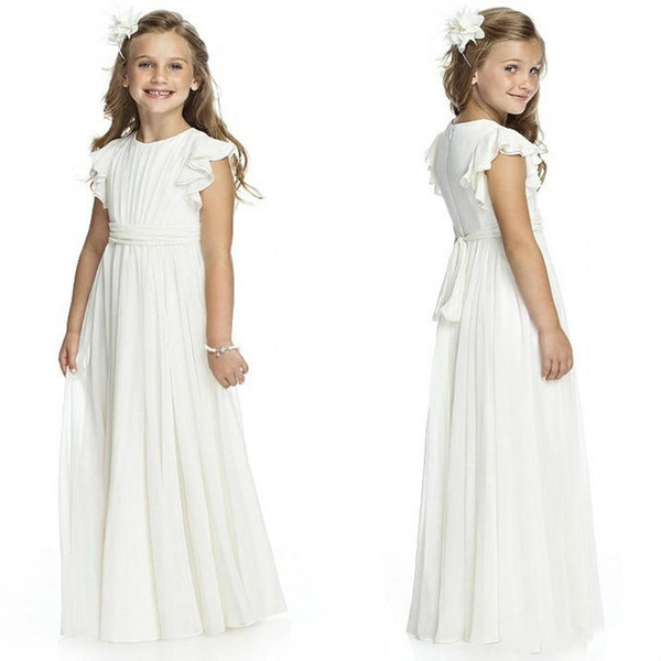 New Country Style Simple Chiffon Flower Girls' Dresses Ivory Capped Sleeves First Communion Dresses Floor Length Party Gowns MC1547