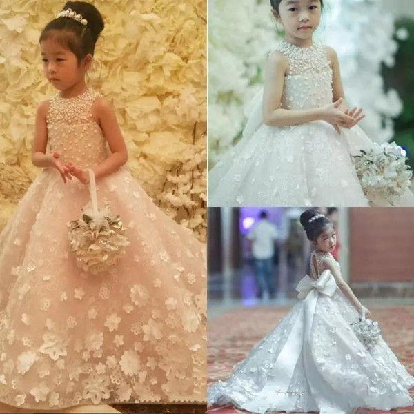 Princess Spaghetti Handmade Flower Girls Dresses Bow Belt Bead Princess Kids Floor Length Bridesmaid Dress Girl Pageant Ball Gown