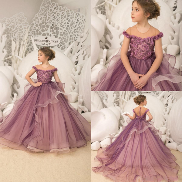 Princess Purple Flower Girls Dresses Appliques Beads Ruffle Floor Length Princess Teens Pageant Party Dress First Communion Gowns