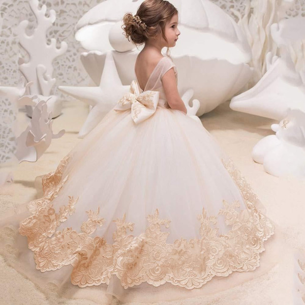 Princess Backless Lace Ball Gown Flower Girls Dresses Champagne Applique Kids Pageant Gowns Little Girl Birthday Party Dresses BC0063