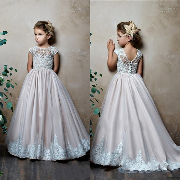 New A-Line Flower Girls Dresses For Wedding Jewel Neck Short Cap Sleeves Satin Lace Appliques Little Kids Holy First Communion Dres