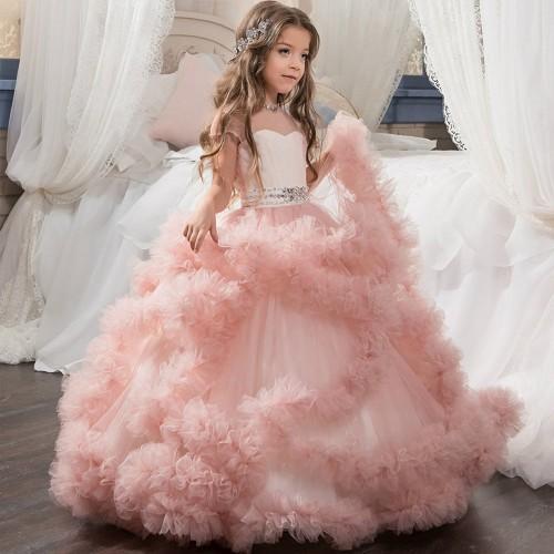 Blush Pink Girls Pageant Dresses Ball Gowns Cascading Ruffles Unique Designer Child Glitz Flower Girls Dresses For Wedding MC1290