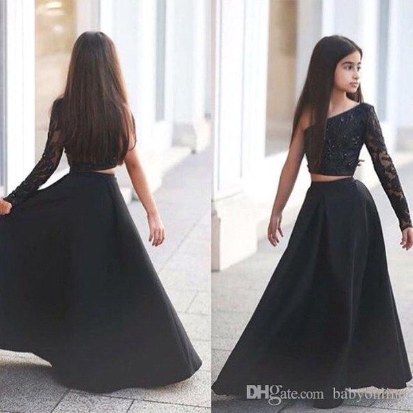 Arabic Said Mhamad Black One Shoulder Long Sleeve Kids Prom Dresses A Line Two Piece Beaded Flower Girls Dresses BA1435