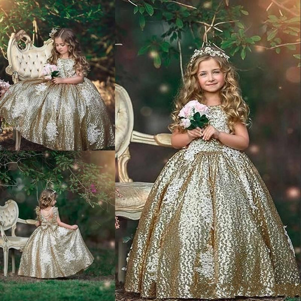 Glitz Gold Sequins Flower Girls Dresses Sequined Appliques Sleeveless Bow Floral Birthday Dresses First Communion Girls Pageant Gowns