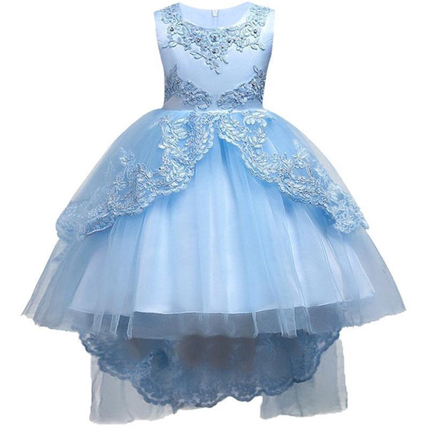 Pretty Lace Blue Puffy Flower Girl Dresses 2022High Low Lace Appliques Communion Dresses Pageant Dresses For Little Girls mc1458