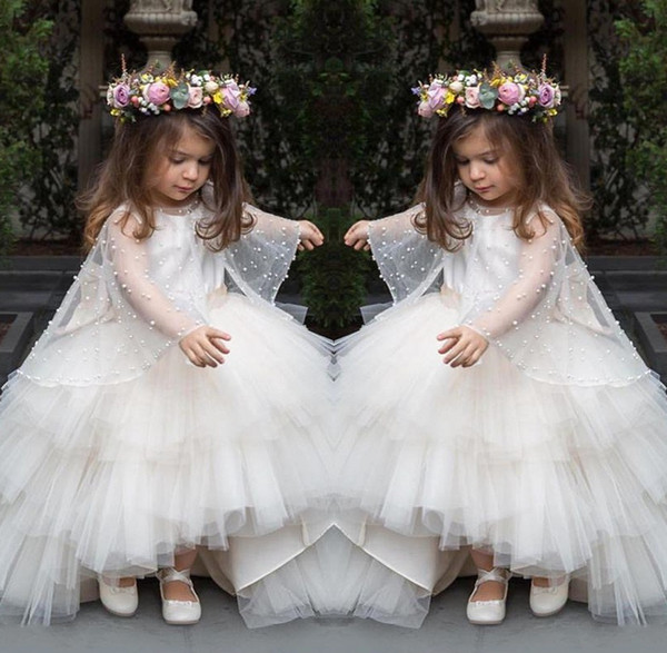 New Layers Flower Girl Dresses Hi Lo Train First Communion Dress with Beaded Cape Cute Birthday Party Gown