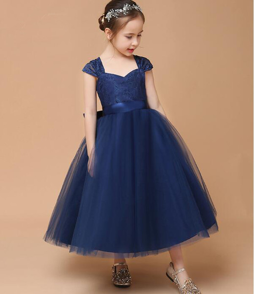 Competitive Price Cap Sleeve Navy Blue Tulle Girls' Party Dress Lace Top Tea Length Children Pageant Gown With Sash