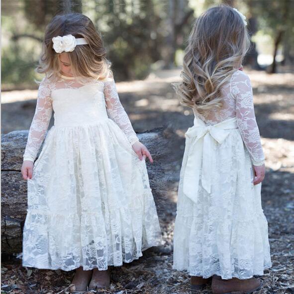 Flower Girls' Dresses Bow Sash Lace Dress Maxi Dress Long Sleeve Princess For Wedding Party Children Clothes