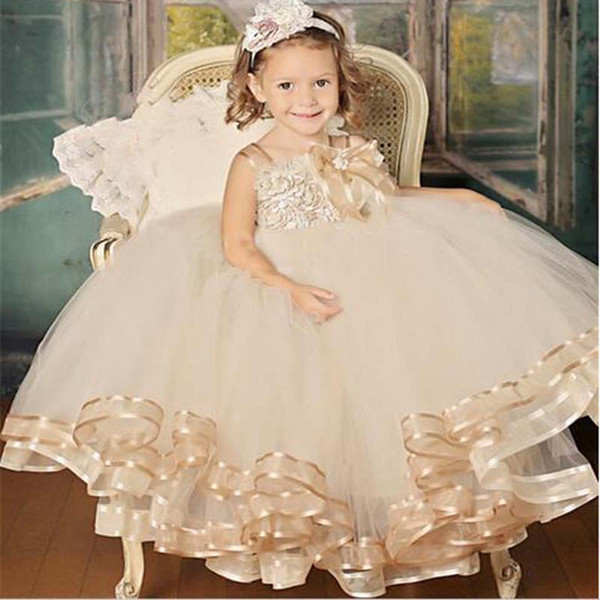 Hot Selling Lovely Girl Dresses Thin Straps Handmade Flower Champagne Tulle Child Dress Puffy Skirt Good Quality Misswedding