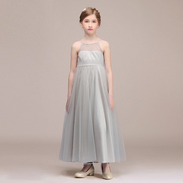 New Style Children's Dress Party A-line Light Grey Tulle Designer Ankle Length Flower Girl Dress Communion Dress