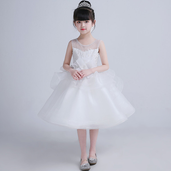 Modern Design Wholesale Price Girl's Knee Length Party Dress Beautiful Lace Appliques Children Dress White Tulle