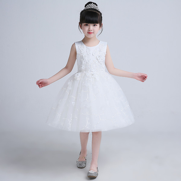 New Brand White Tulle Knee Length Ball Gown Beautiful Girls' Dresses With Lace Appliques Party Dress Little Queen's Gown