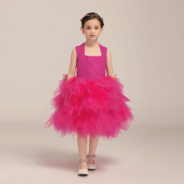 Collection Girls' Pageant Dress Puffy Skirt Tulle Birthday Party Tea Length Style Child Dancing Cross Style Straps Dress