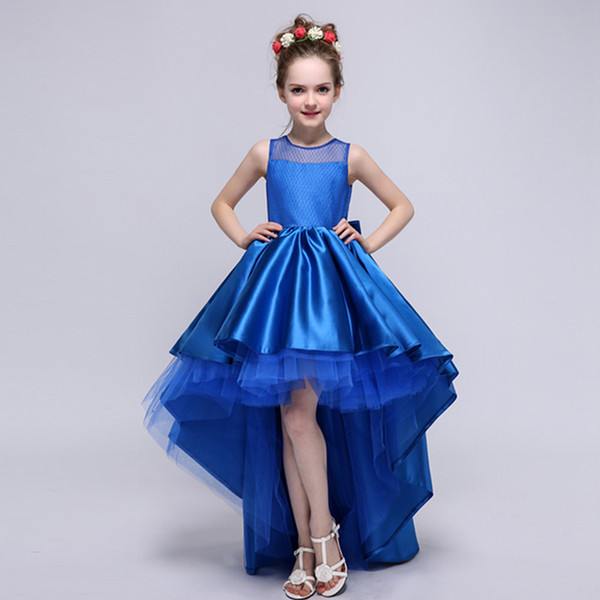 2017 New Arrive Flower Girl Dresses High Low Scoop Sleeveless Hi Lo With Bow Back Satin Tulle Ball Gown Kids Wedding Party Gown