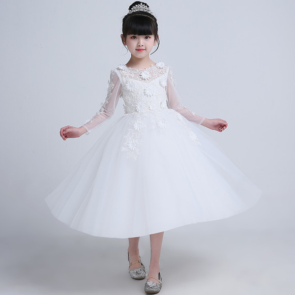 Full Sleeve Brand White Tulle Lovely Girls' Dresses With Lace Appliques Party Dress Professional Designer Little Queen's Gown