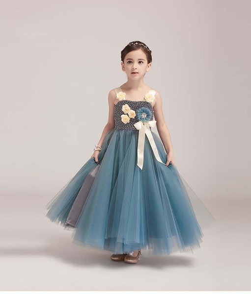 Latest Style Thin Straps Ankle Length Flower Girls' Dresses Beaded Birthday Party Little Princess Dress 