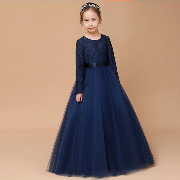 Latest Style Pretty Girls Pageant Dress Long Sleeves Navy Blue Tulle Child Dress Performance With Two Sash