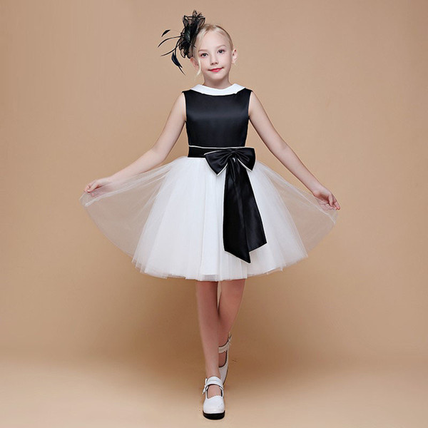 Black and White Little Queen Knee Length Child Party Dress Professional Designer Pageant Girl's Gown with Bow Tie