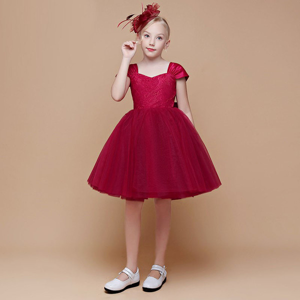 Burgundy Tulle Latest Party Girl's Dress With Bow Beautiful Pageant Dress 2019 Design