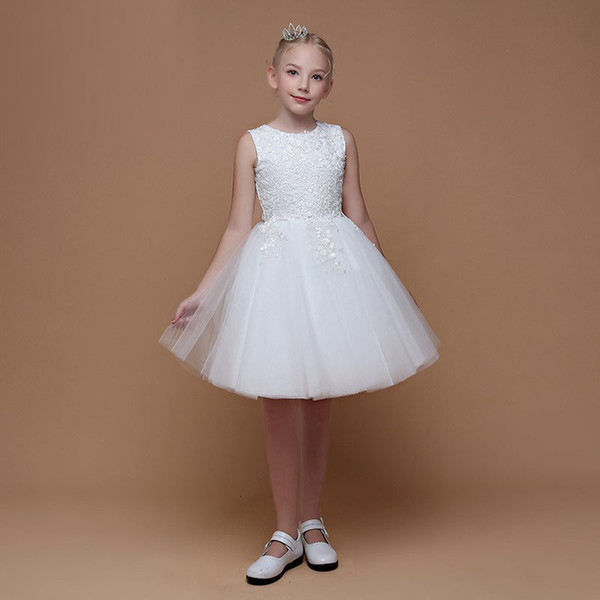 Fashion Lovely Child Girl Party Dress Ball Gown Knee Length Professional Designer Pageant Girl's Gown with Appliques White Tulle