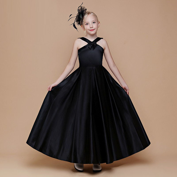 Competitive Price Black Satin Ankle Length Child Party Dress Professional Designer Pageant Girl's Gown Floor Length