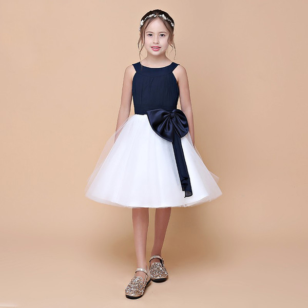 Spring New Arrival Double Straps Pretty Girl's Flower Dresses With Sash Navy Top White Skirt Little Princess Dress Eren Jossie Brand