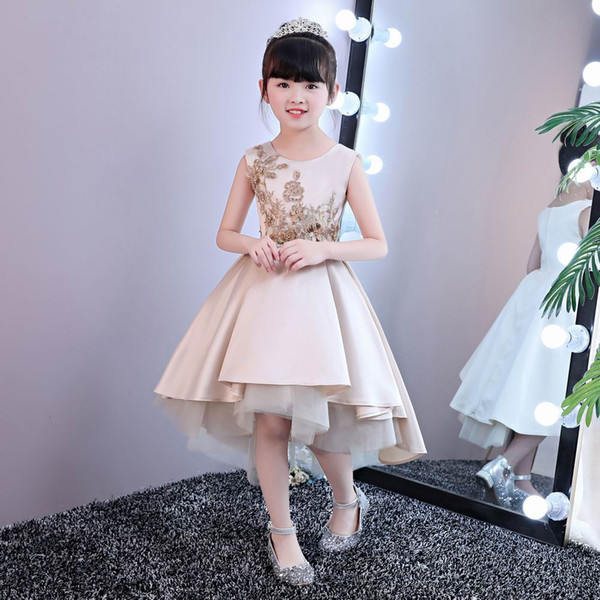 Asymmetrical Style Beautiful Girl's Dress Jewel Neckline Champagne Children's Birthday Party Dress Professional Designer Pageant Gown