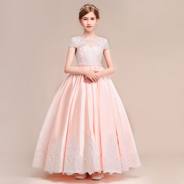 Short Sleeve Style Champagne Satin Ball Gown Flower Girls' Dresses With Appliques Ankle Length Zip Back