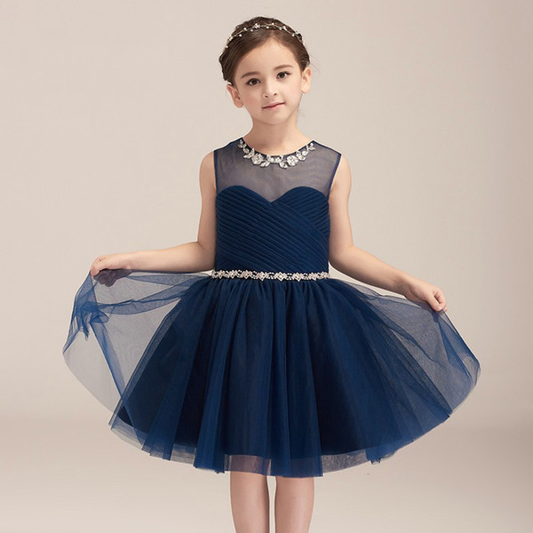 Pretty Baby Children kids Navy Tulle Ball Gown Flower Girl Dresses for Weddings Evening Party Holy Communion Dresses