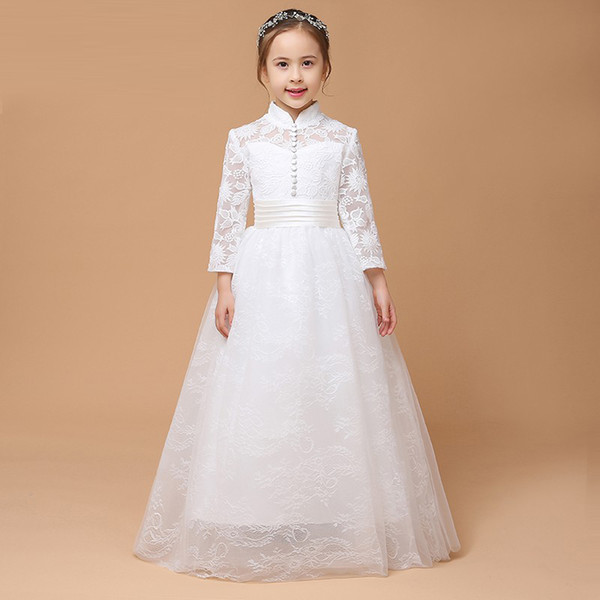 High Collar Long Sleeves Children kids White Ball Gown Flower Girl Dresses for Weddings Evening Party Holy Communion Dresses