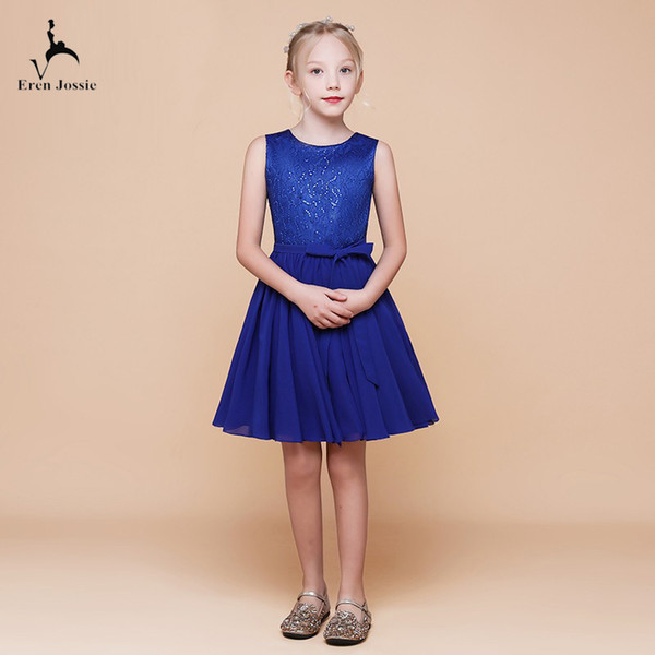 Eren Jossie 2019 Hot Selling Sequined Lace Bodice Knee Length Flower Girls' Dresses Blue Design Child Birthday Party