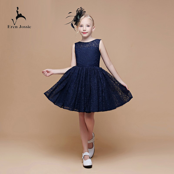 Eren Jossie European American Popular Design Navy Blue Flower Girl Lace Dress Sleeveless Design Good Quality