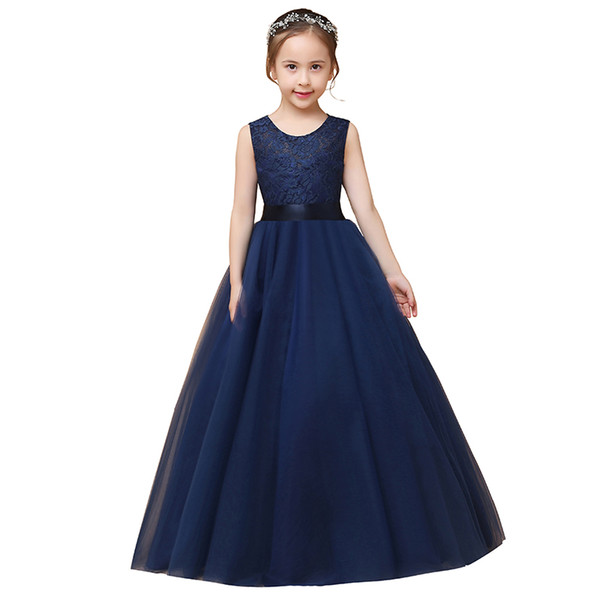 Eren Jossie Hot Selling Navy Blue Lace Floor Length Flower Girl Dress Birthday Party Gown