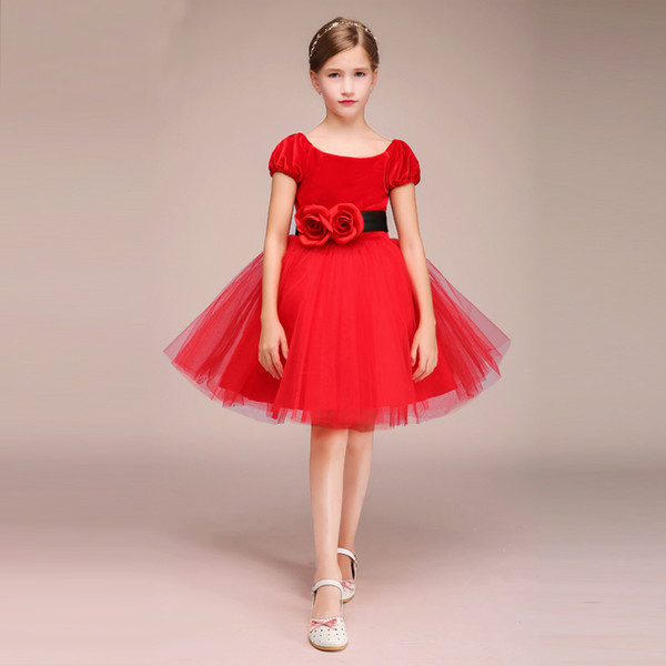 Eren Jossie Competitive Price Short Sleeve Dress Girls Puffy Red Tulle Children Dress Knee Length With Sash