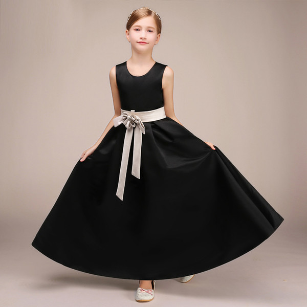 Eren Jossie Formal Girl's Dress A-Line Black Satin Competitive Price Children Dress With Sash Free Custom Made