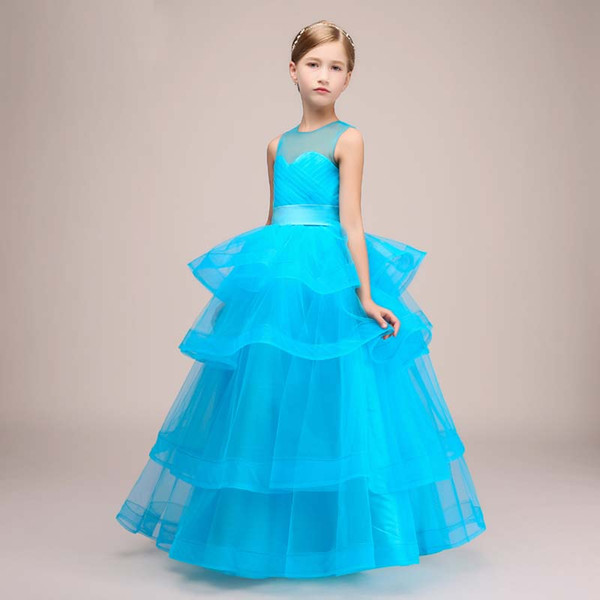 New Style Blue Ball Gown Flower Girl's Dress Floor Length Pageant Children Dress Sleeveless 