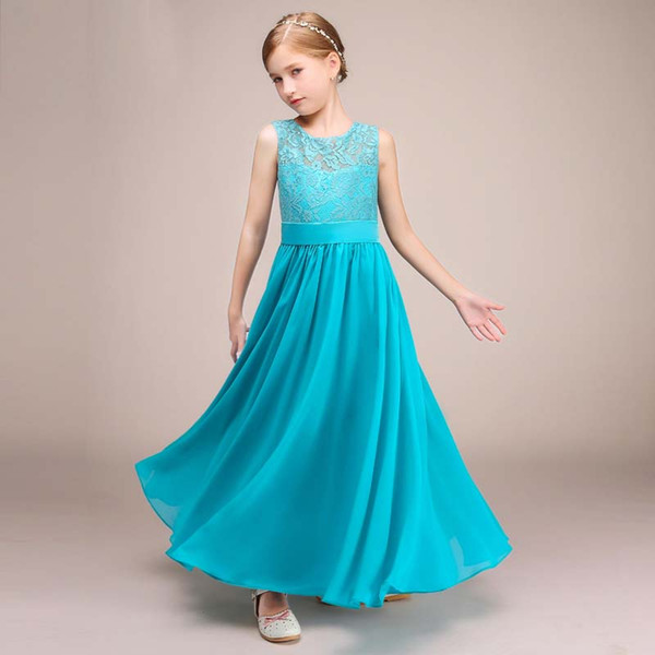 Formal Design Sky Blue Chiffon Long Girl's Party Dress Lace Bodice Pageant Children Gown Collection