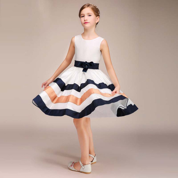 New Style Knee Length Baby Girl Dress With Belt Kid's Party Child Birthday Gown Communion Dress