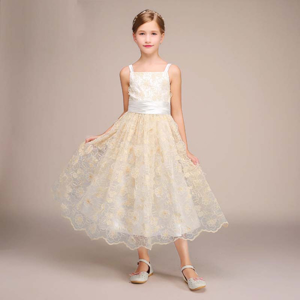 Latest Collection Spaghetti Straps Champagne Dress Girl's Party Tea Length Good Quality Child Birthday Gown Communion Dress