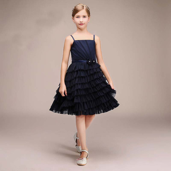 Collection Spaghetti Straps Navy Blue Dress Girl's Party Knee Length Good Quality Child Birthday Gown Communion Dress