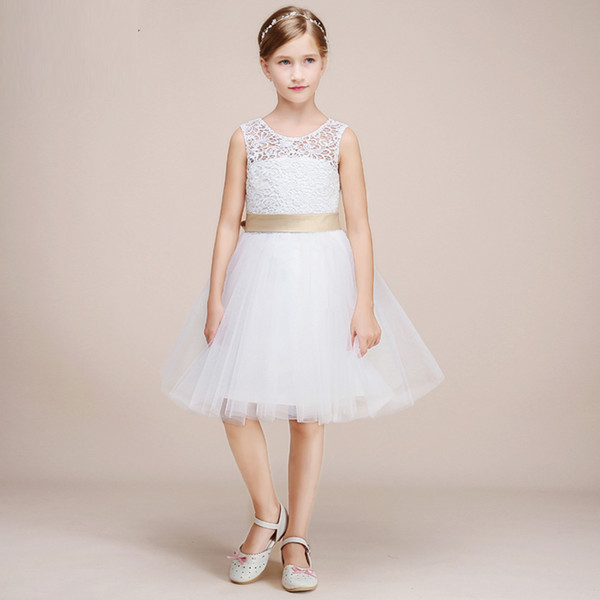 Latest Fashion Lovely Back Design Knee Length Teenager Girls' Party Dress With Appliques Design Popular Flower Girl White Tulle Gowns