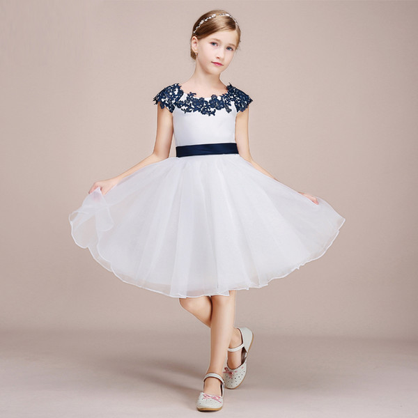 White Tulle Lovely Knee Length Teenager Girls' Party Dress With Appliques Design Popular Flower Girl Gowns Free Custom Made