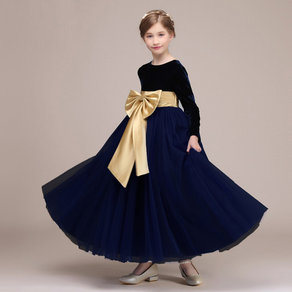 Black Bodice Dark Blue Skirt Ankle Length Teenager Girls' Party Dress With Big Bow Design Popular Flower Girl Gowns Free Custom Made